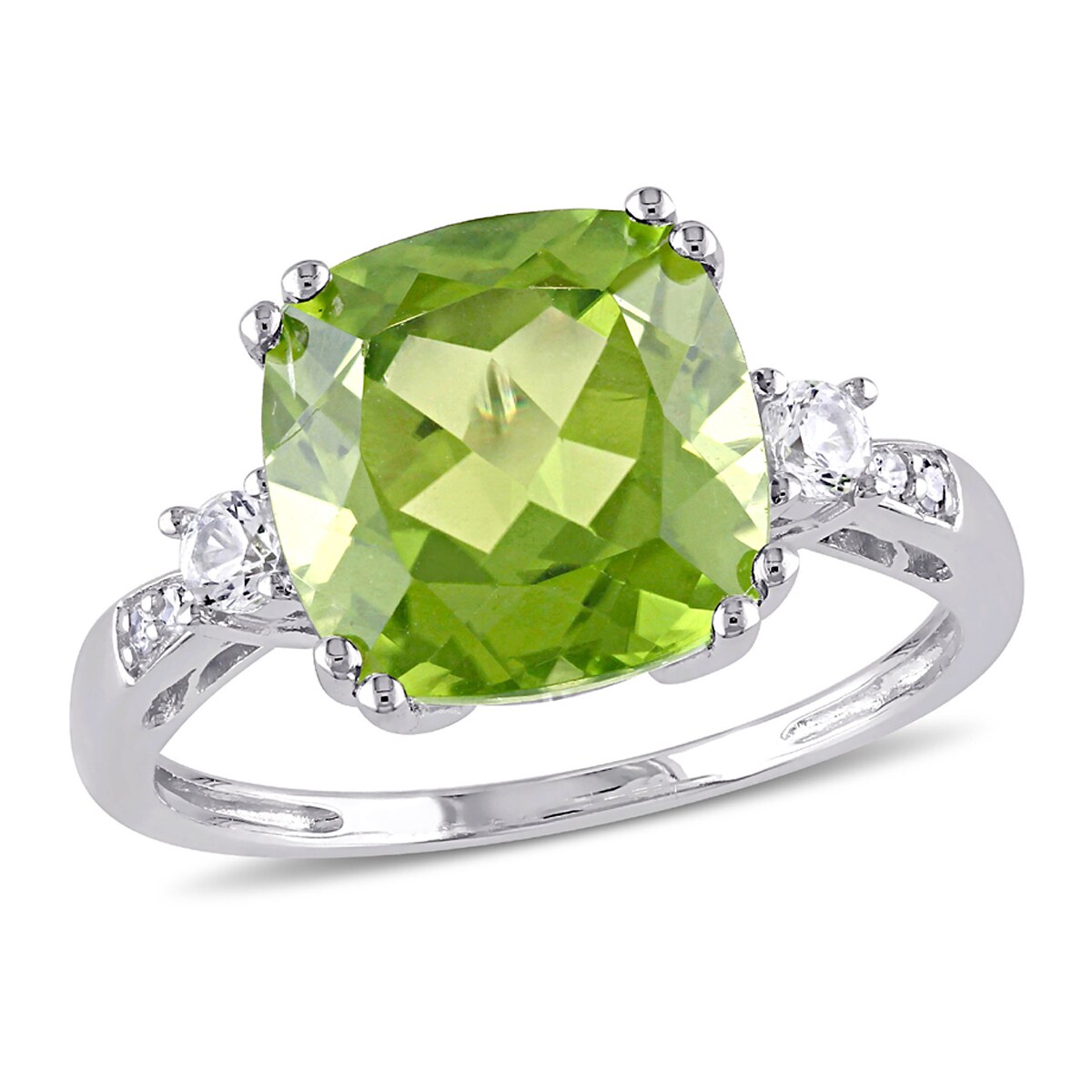 Gem And Harmony 5.20 Carat (cw) Cushion-Cut Peridot Ring in 10K White Gold with Lab-Created White Sapphires