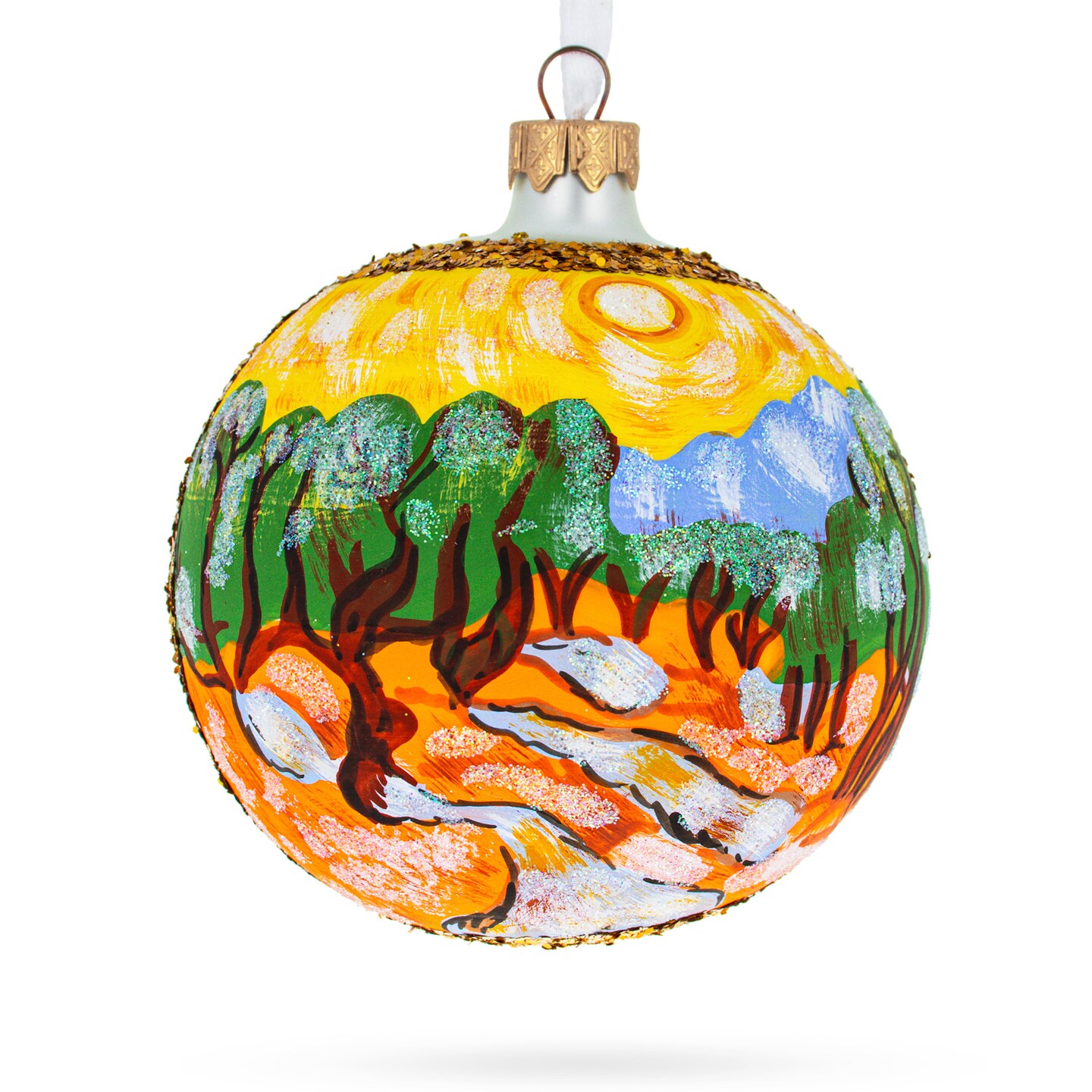 1889 &#x27;Olive Trees with Yellow Sky and Sun&#x27; by Van Gogh Glass Ball Christmas Ornament 4 Inches