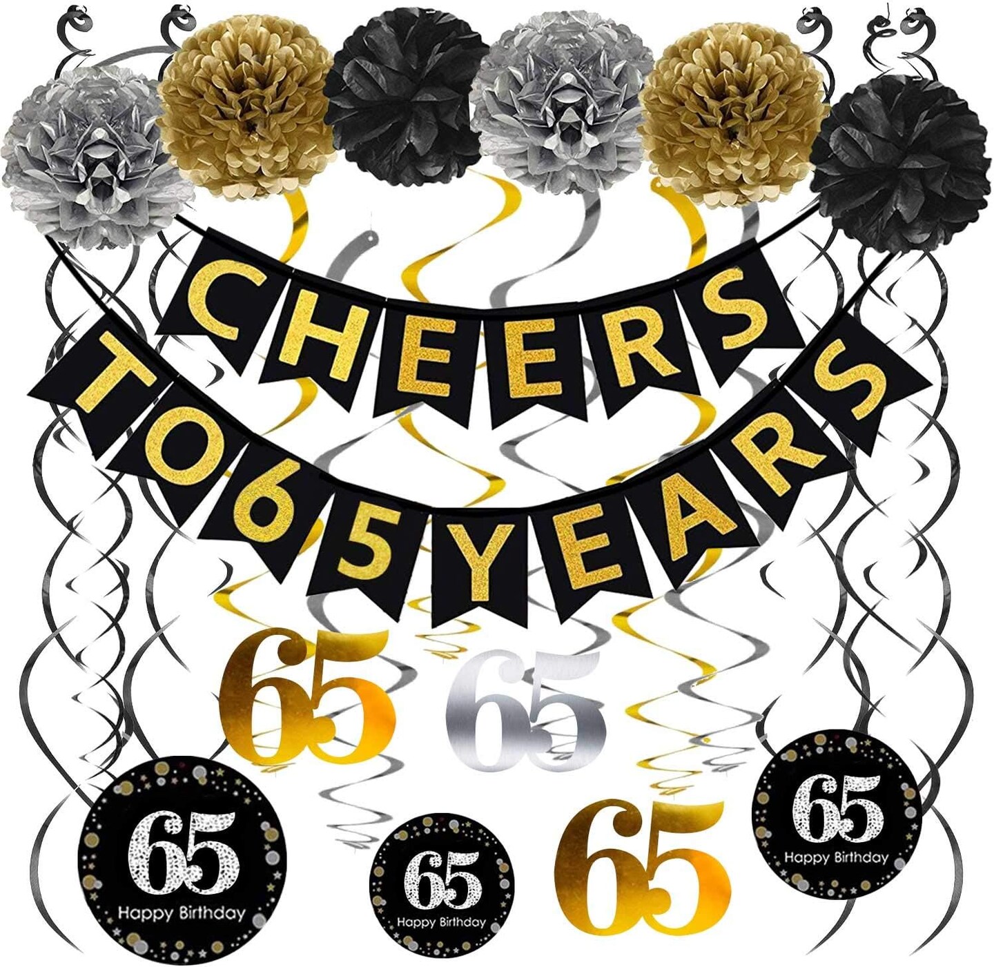 65th Birthday Party Decorations Set- Gold Glittery Cheers to 65 Years Banner,Poms,12Pcs Sparkling 65 Hanging Swirls for 65th Birthday Decorations 65 Years Old Party Supplies