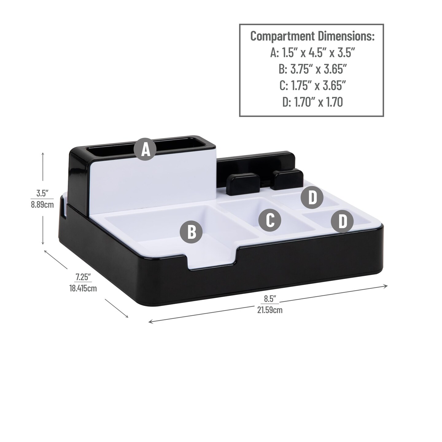 Desktop Organizer Charging Station, Accessory Storage, Workspace, Office, 8.5&#x22; L x 7.25&#x22; W x 3.5&#x22; H, Black and White