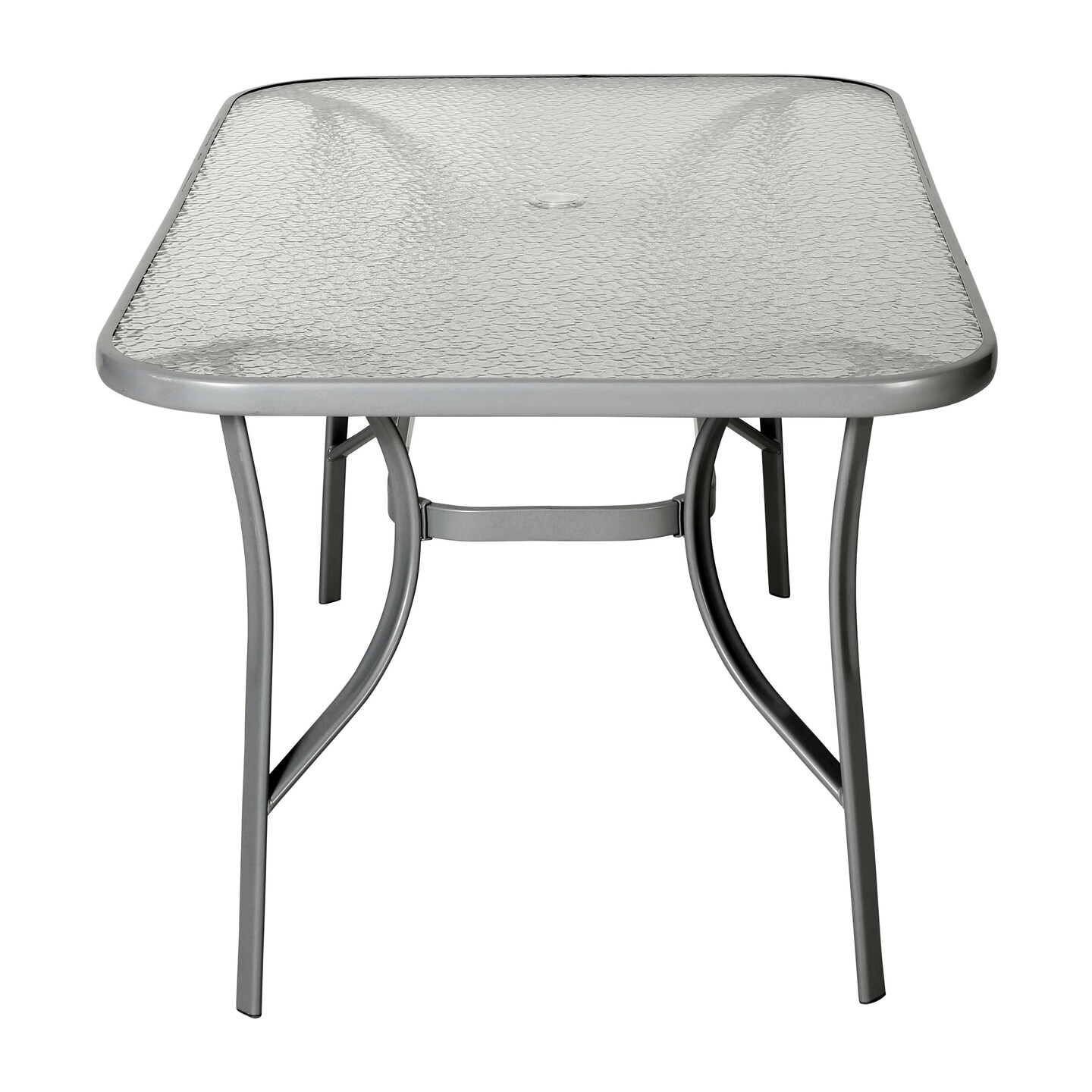 Emma and Oliver Tala Rectangular Tempered Glass Top Patio Table with Umbrella Hole and Black Steel Tube Frame