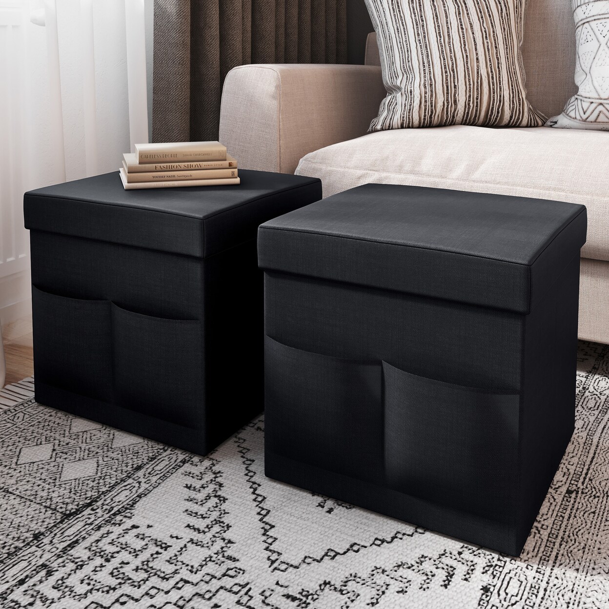 Lavish Home Black Foldable Storage Cube Ottomans with Pockets Livingroom Dorm