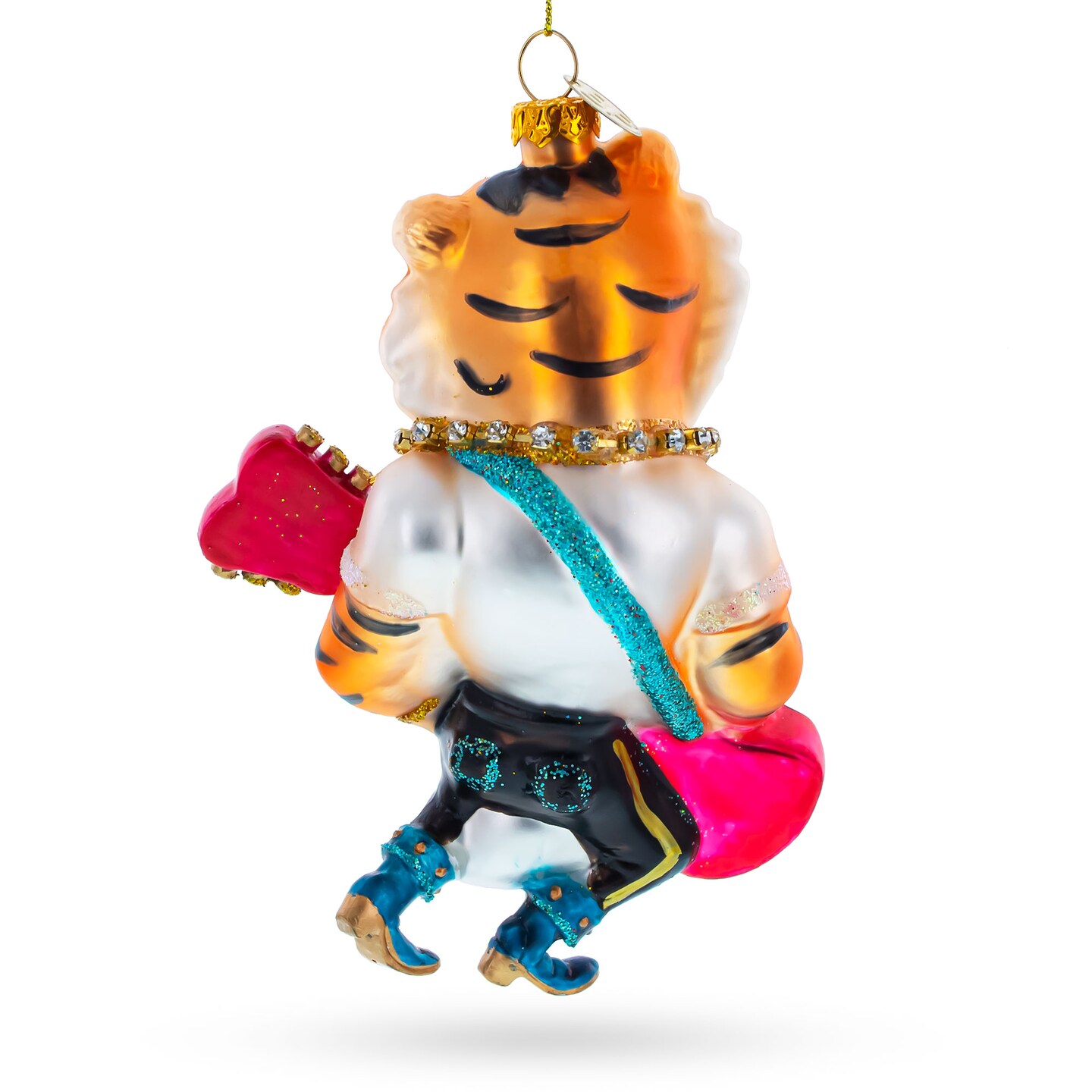 Tiger Playing Bass Guitar Blown Glass Christmas Ornament
