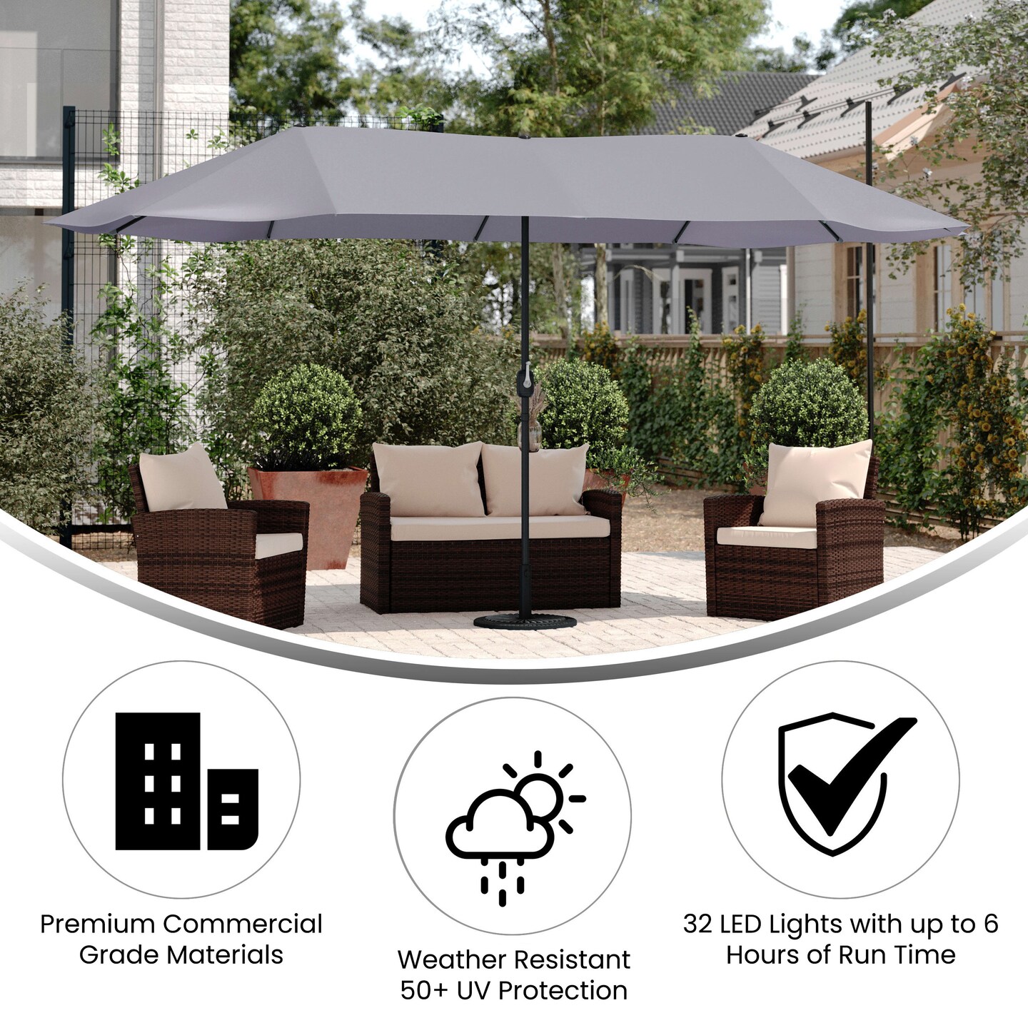 Merrick Lane Evanston 15 FT Triple Head Umbrella for Patio Use with Crank Handle, and Easy Lift Function