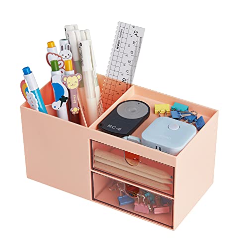 Office Desk Organizer with drawer, Office Supplies and Desk Accessories, Business Card/Pen/Pencil/Mobile Phone/Stationery Holder Storage Box (Pink)