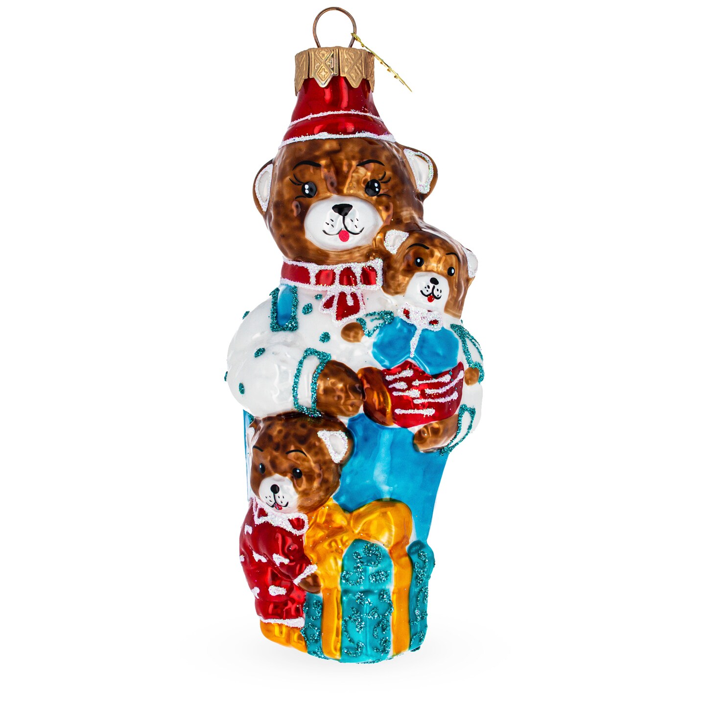 Father Bear with Cubs in Traditional Dress Glass Christmas Ornament