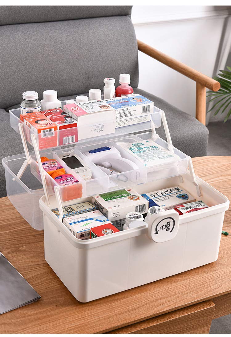 Plastic Storage Box with 3-Tier Fold Tray,Tool Organizer Portable Handled Case,Portable Lockable Container for Arts, Crafts,Cosmetic, Sewing, Toy, Washi Tape, Legom,Clear/White