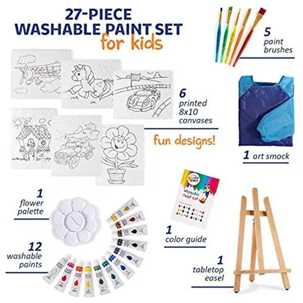 Paint Set for Kids - 27 Piece Art Gift Sets Non-Toxic,Washable Paint, Canvases, paint Brushes, Easel, Smock