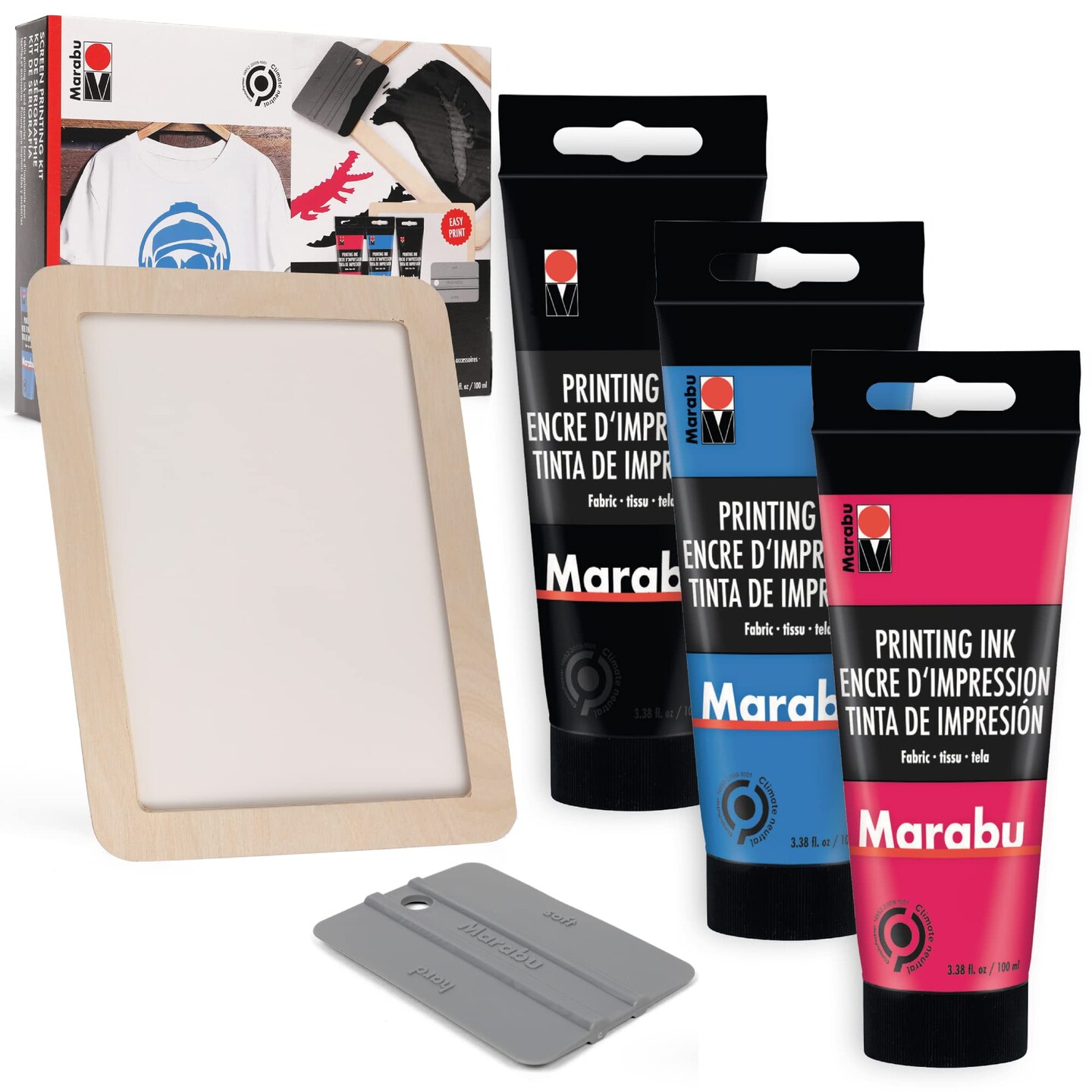 Screen Print Kit with Reusable Wooden Frame, 1 Screen Printing Squeegee, and 3 x 100ml Ink - Silk Screen Printing Kit for Beginners