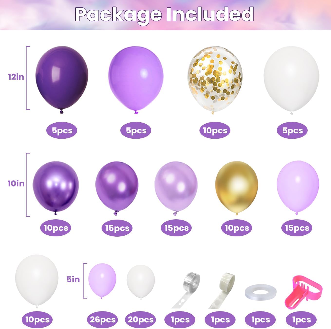 150Pcs Purple Balloons Garland Arch Kit, Light Pastel Purple Gold White Balloons Confetti Latex Metallic Balloons for Women Birthday Baby Shower Wedding Party Decorations Supplies