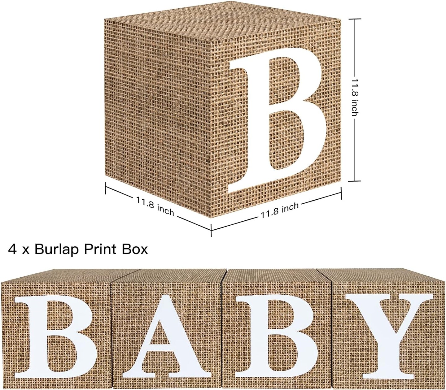 Burlap Print Baby Shower Boxes for Gender Reveal Party Gender Neutral Baby Shower Centerpiece Decor - 4 Pcs Burlap Grain Baby Cubes Baby Blocks with Letters, Rustic Baby Shower Decorations
