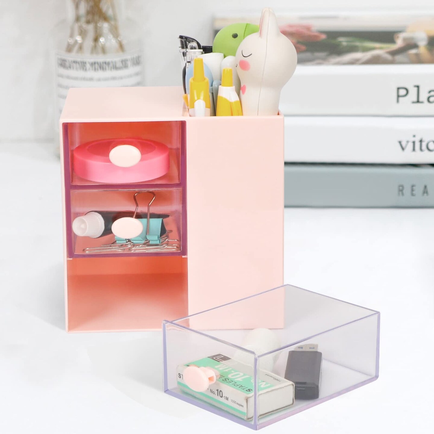 Desk Pencil Pen Holder, Office Desk Organizers Desktop Storage Pen Organizers with 3 Independent Drawers Stationery Supplies for Office,School,Home,Pink