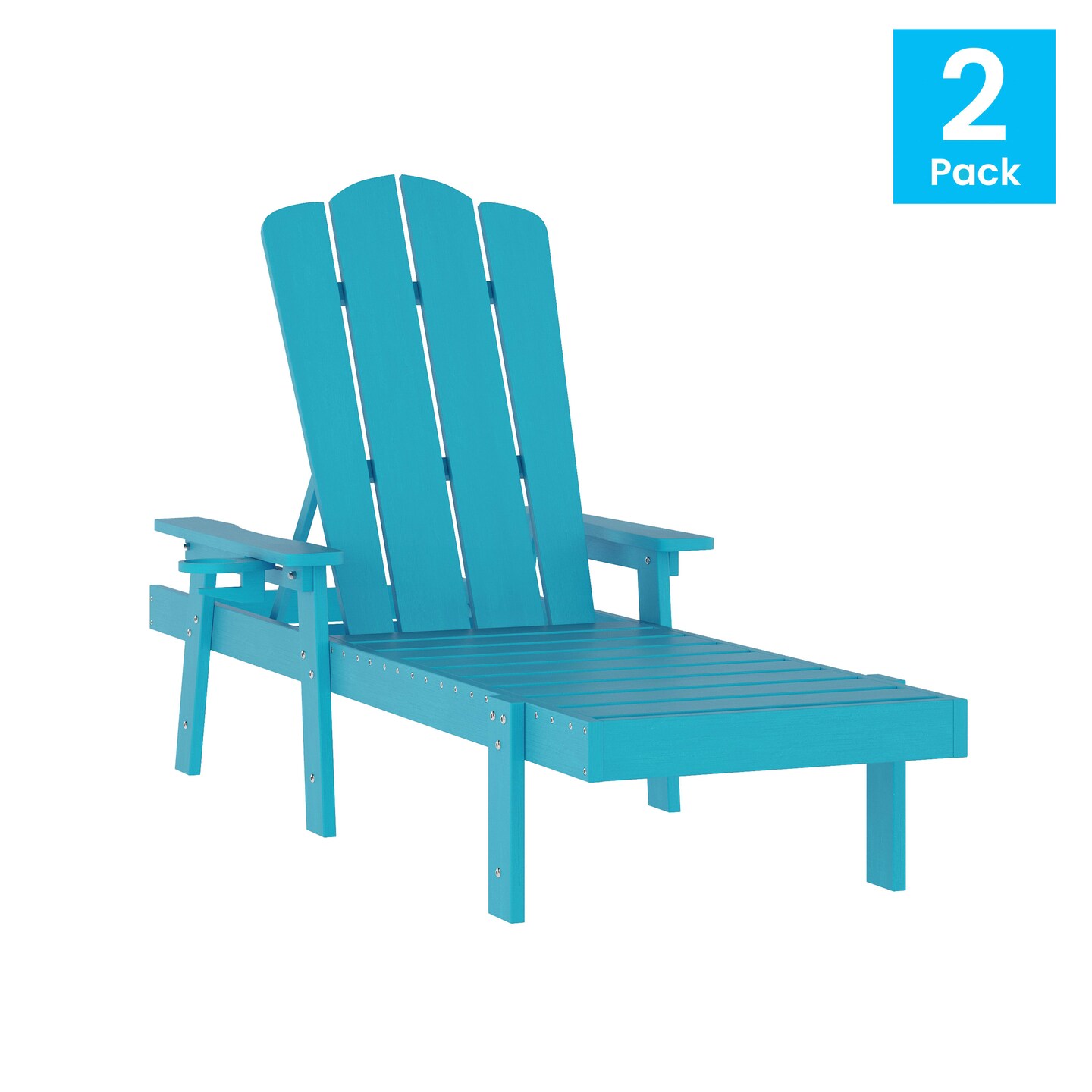 Merrick Lane Solvang Set of 2 Indoor/Outdoor Adjustable Adirondack Loungers with Fold Out Cupholders- Recycled All-Weather Indoor/Outdoor HDPE Lounge Chairs