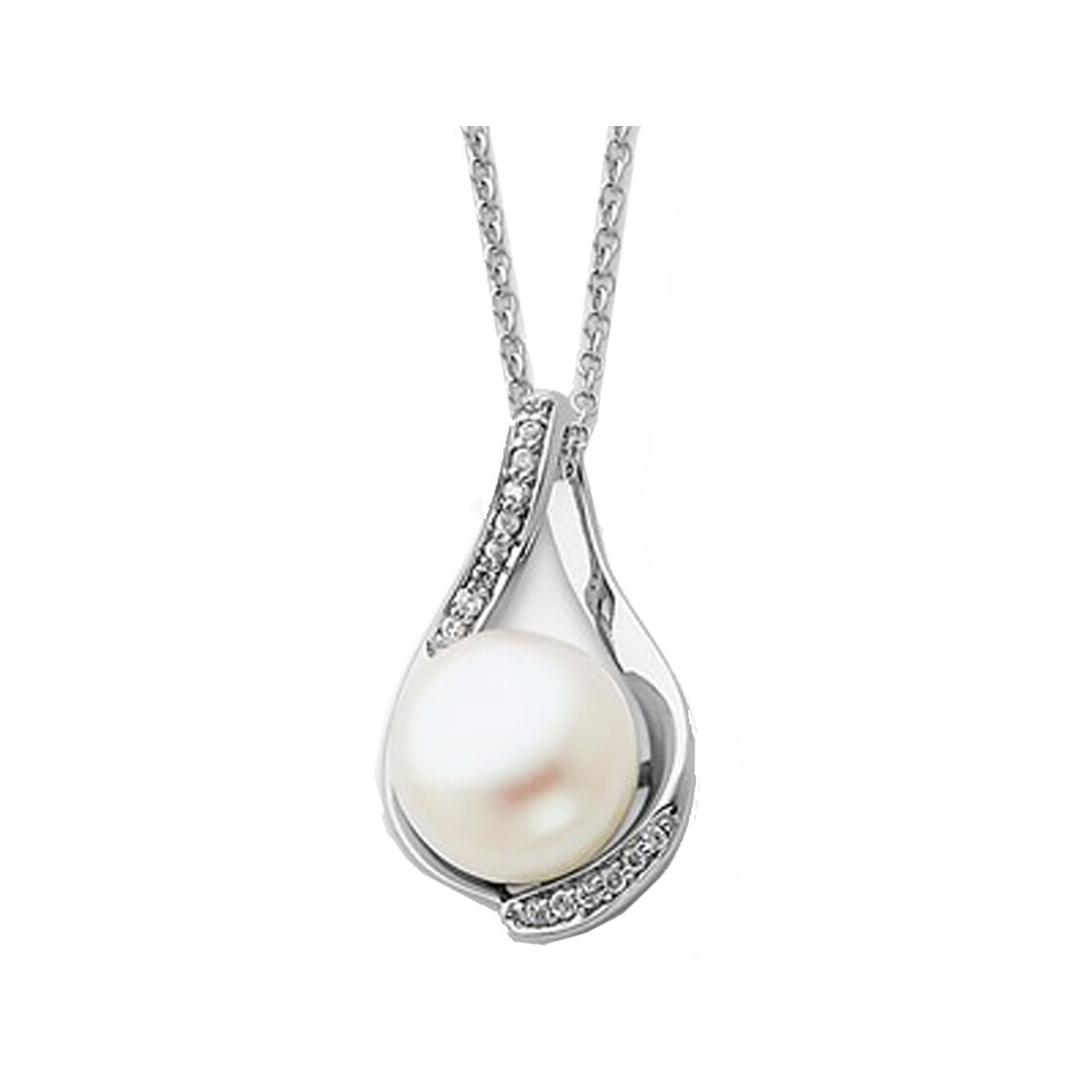 Gem And Harmony Solitaire White Cultured Freshwater Pearl Pendant Necklace in Sterling Silver with Chain