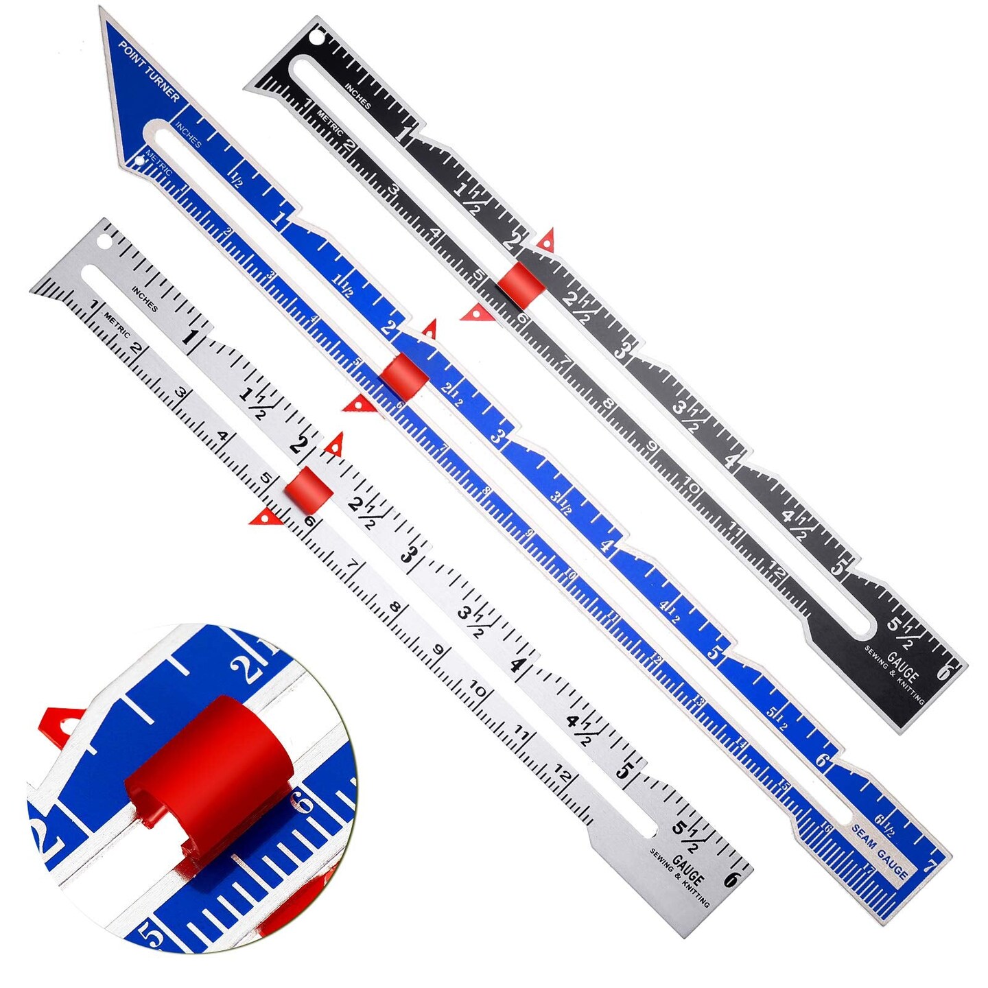 3 PCS Sewing Gauge Sewing Measuring Tool Metal Sliding Gauge Fabric Quilting Ruler Seam Measuring Gauge for DIY Fabric Crafts Quilting Knitting Sewing Hemming Measuring Supplies, 3 Styles