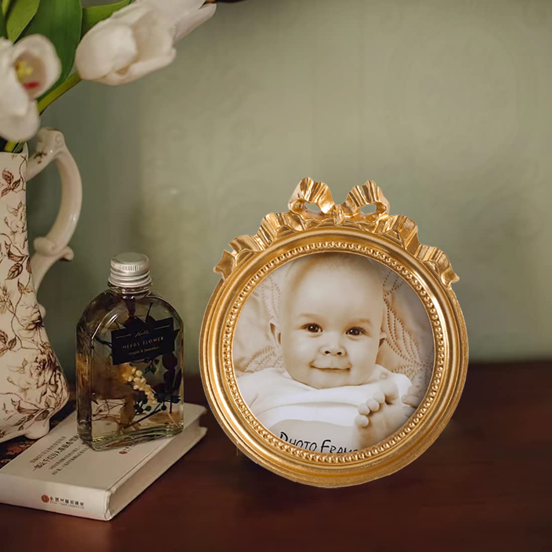 Kangce Picture Frames 3.5x3.5 Vintage Picture Frames Round Picture Frames Small Gold Picture Frames Wallet Size Picture Frames Ornate Picture Frames Antique Wall Decor with Embossed Beaded