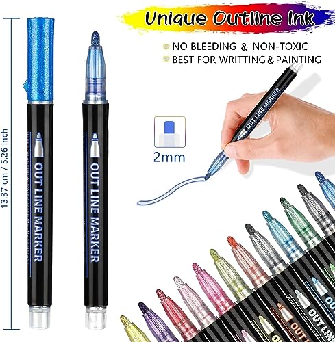 12 Pieces Metallic Double Line Outline Markers Glitter Pen Set for Rock Painting, Glass, Mug, Wood, Fabric, Canvas, DIY Craft with Fine Medium Tip