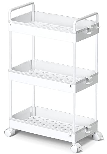 3 Tier Classic Storage Rolling Cart Slim Storage Cart with Wheels Slide Out Storage Rolling Cart Organizer Plastic for Bathroom Laundry, White
