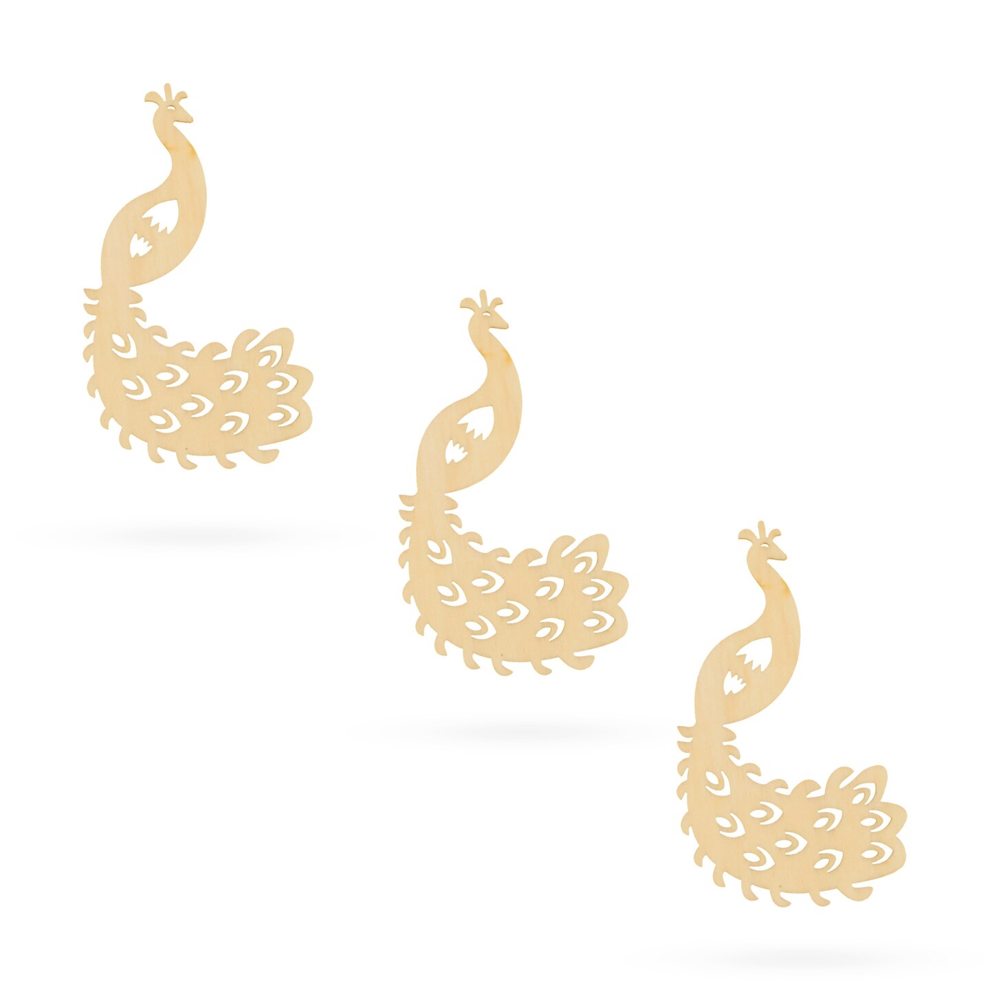 3 Peacocks Unfinished Wooden Shapes Craft Cutouts DIY Unpainted 3D Plaques 4 Inches