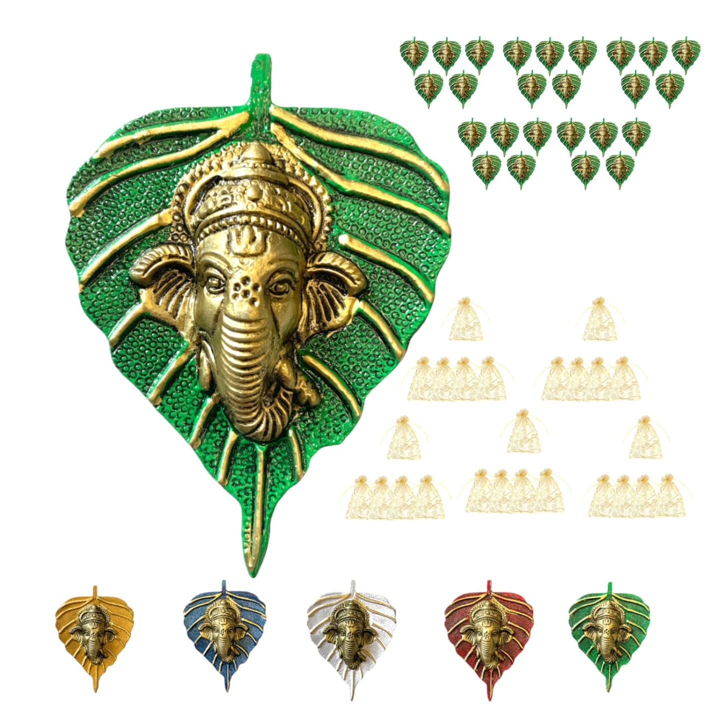 Metal Leaf Ganesha Diwali Decor Wall Hanging for Home & Office Housewarming Return Gift Pooja Favor Ganesha Decorative Wall Hanging Showpiece Pack of 1/2/5/25 Pcs