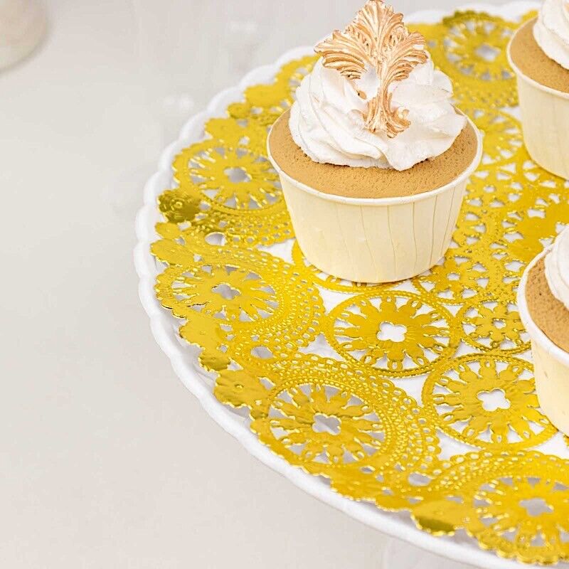 50 Metallic Gold Lace Round Disposable Paper Placemats
