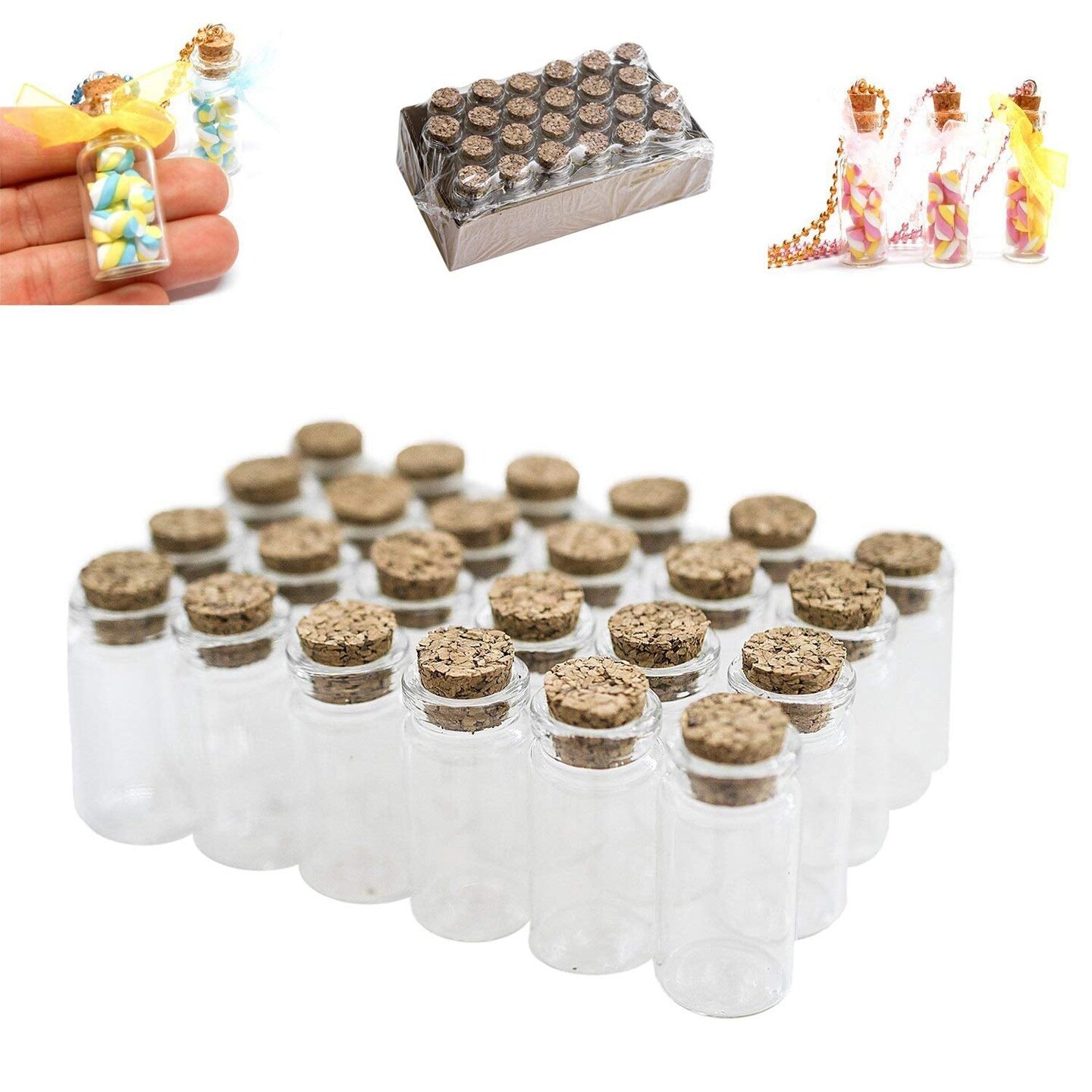 24 Pieces Mini Clear Glass Jars Bottles with Cork Stoppers for Arts & Crafts, Projects, Decoration, Party Favors - Size: 1-1/2" Tall X 3/4 Inches Diameter