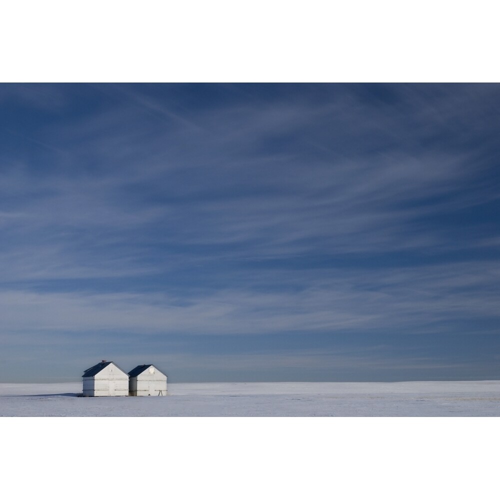 Hussar Alberta Canada; Two Small Farm Buildings In Flat Winter