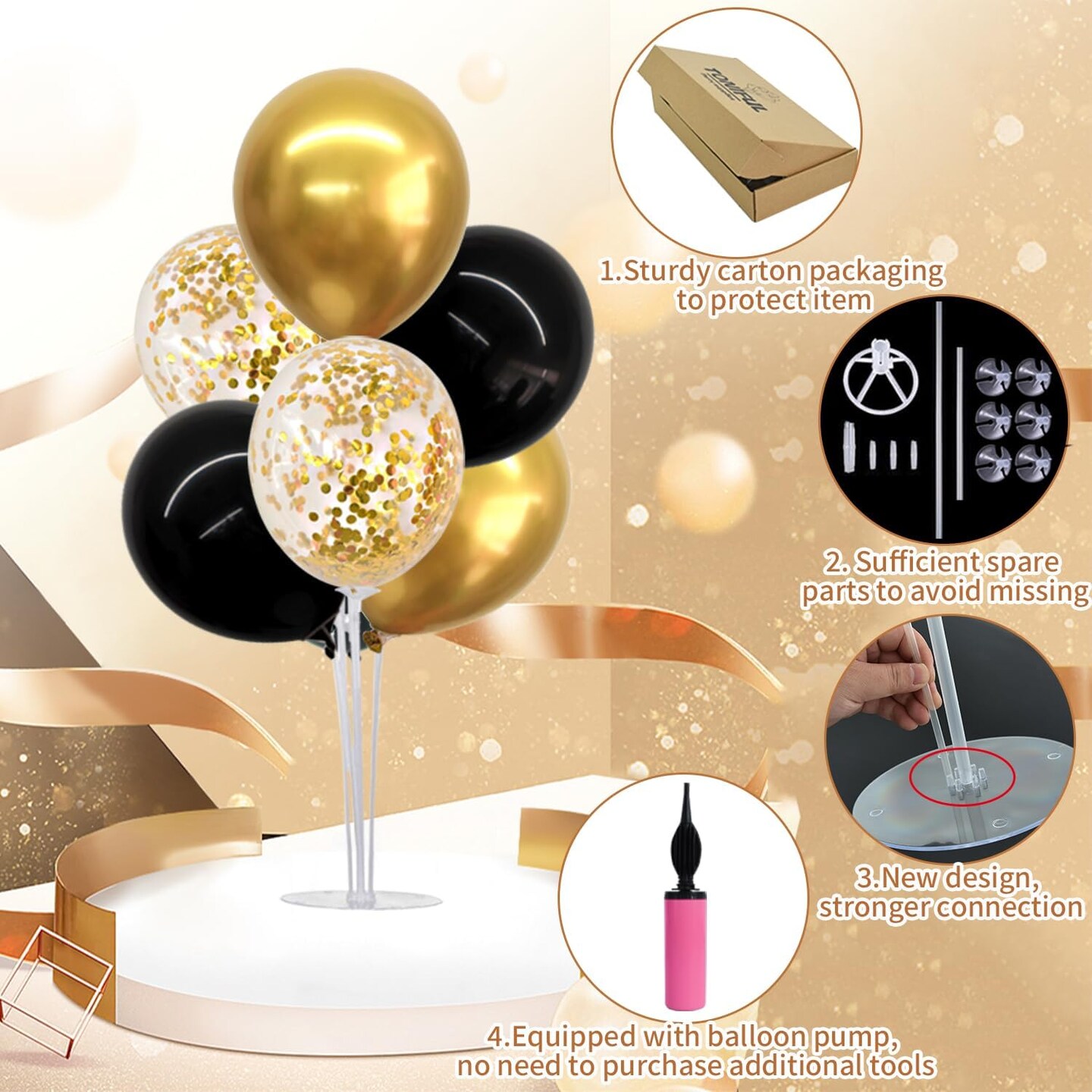4 Set Black Gold Balloon Centerpieces for Table,Balloons Stand Kit for Black Gold Party Decorations Christmas Engagement 50th Birthday Anniversary New Year 2024 Graduation Decorations