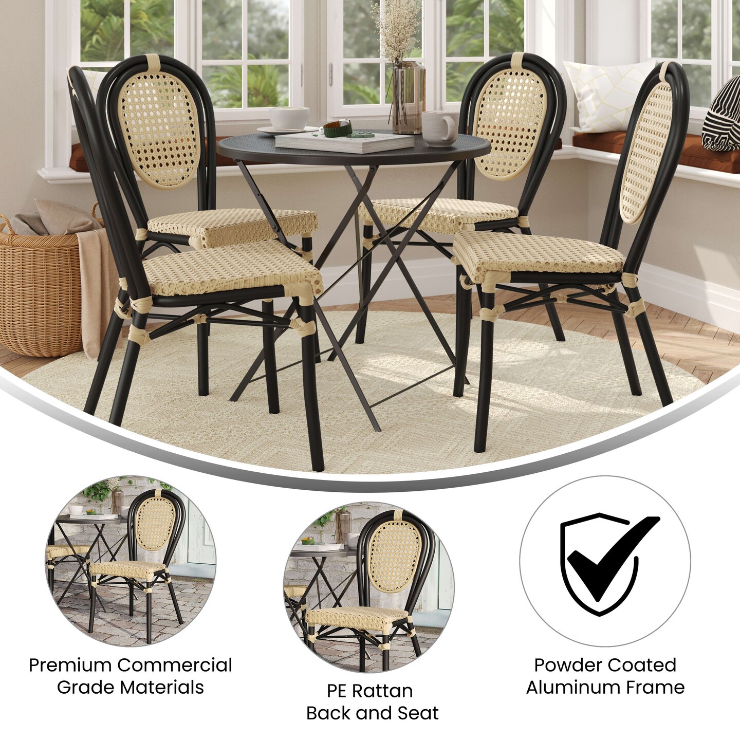 Merrick Lane Toulon Set of Four Stacking Thonet Bistro Style Chair, PE Cane Rattan Seat, and Metal Frame for Indoor/Outdoor Use