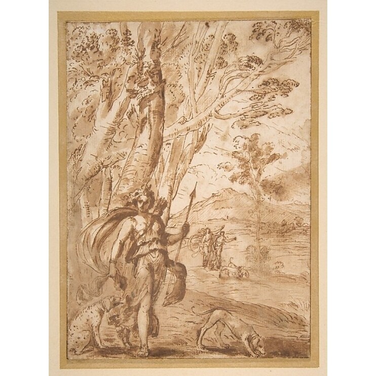 The Goddess Diana With Her Hounds Standing In A Landscape. Poster Print By