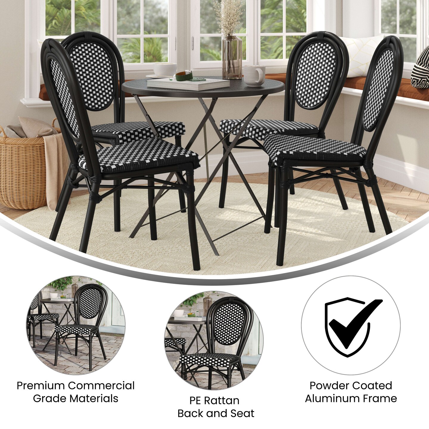 Merrick Lane Celia Set of Four Stacking Thonet Bistro Style Chair, PE Rattan Seat, and Metal Frame for Indoor/Outdoor Use