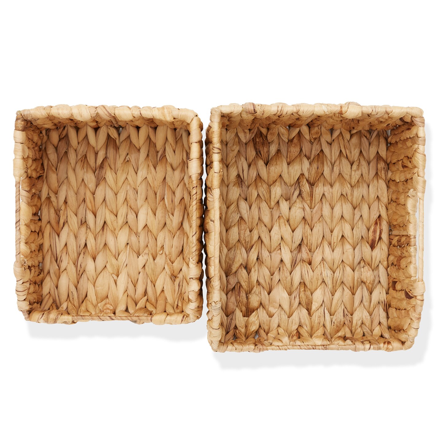 Casafield Set of 2 Water Hyacinth Pantry Baskets with Handles, Woven Storage Bin Organizers for Kitchen Shelves, Medium and Large Sizes