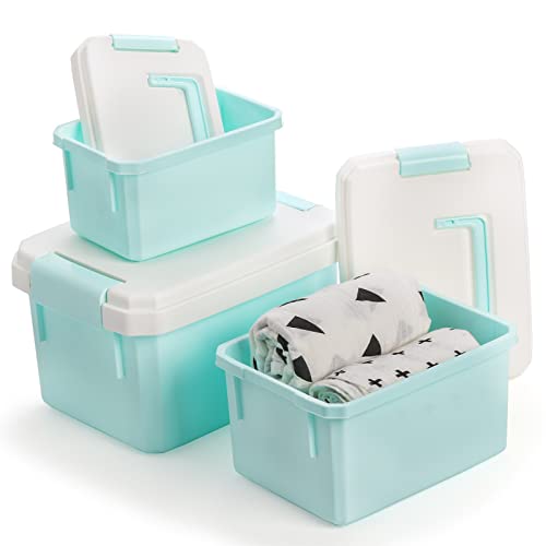 3 Pack Plastic Storage Latch Bin with Lid, 2.5/4.5/8.5 Quart Stackable Plastic Storage Bin Tote Organizing Container with Latches and Folding Handle for Toys, Snacks, Stationary