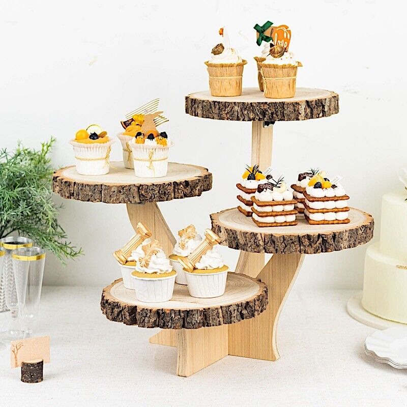 15 in Brown 4 Tier Round Natural Wood Cupcake Dessert Stand