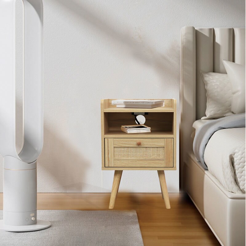 Boho-Chic Rattan Nightstand with Charging Ports | Stay Connected Stylishly