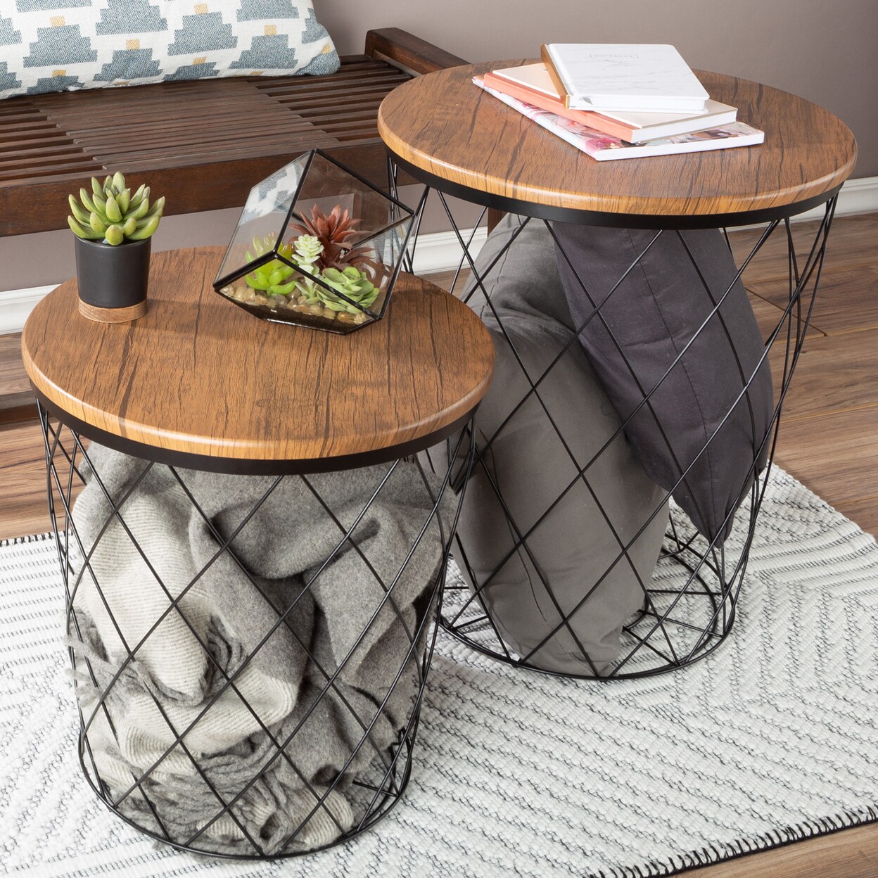 Lavish Home Round Nesting End Tables Set With Storage Farmhouse Design 2-Piece