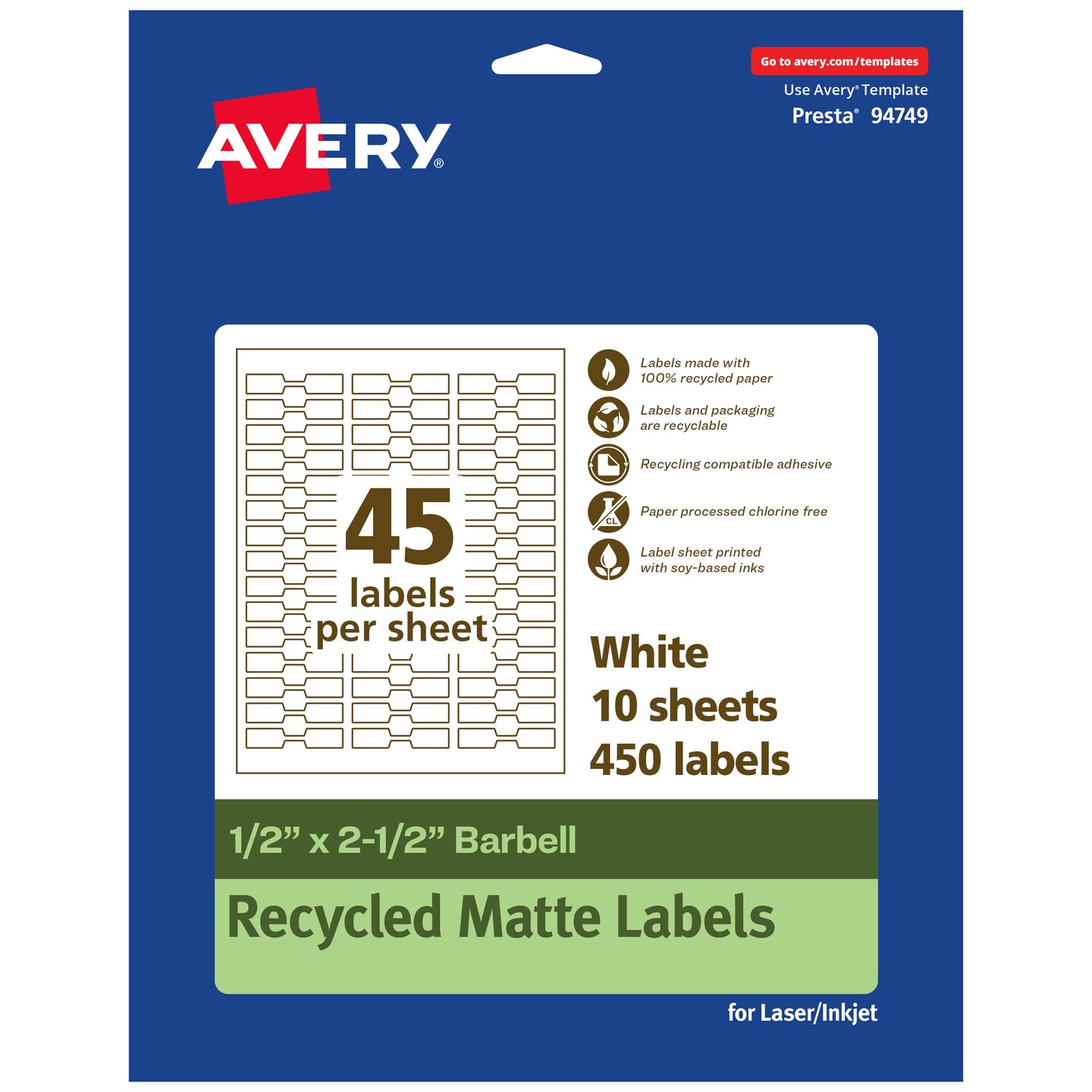 Avery Recycled Matte White Labels,  1/2&#x22; x 2-1/2&#x22; Barbell