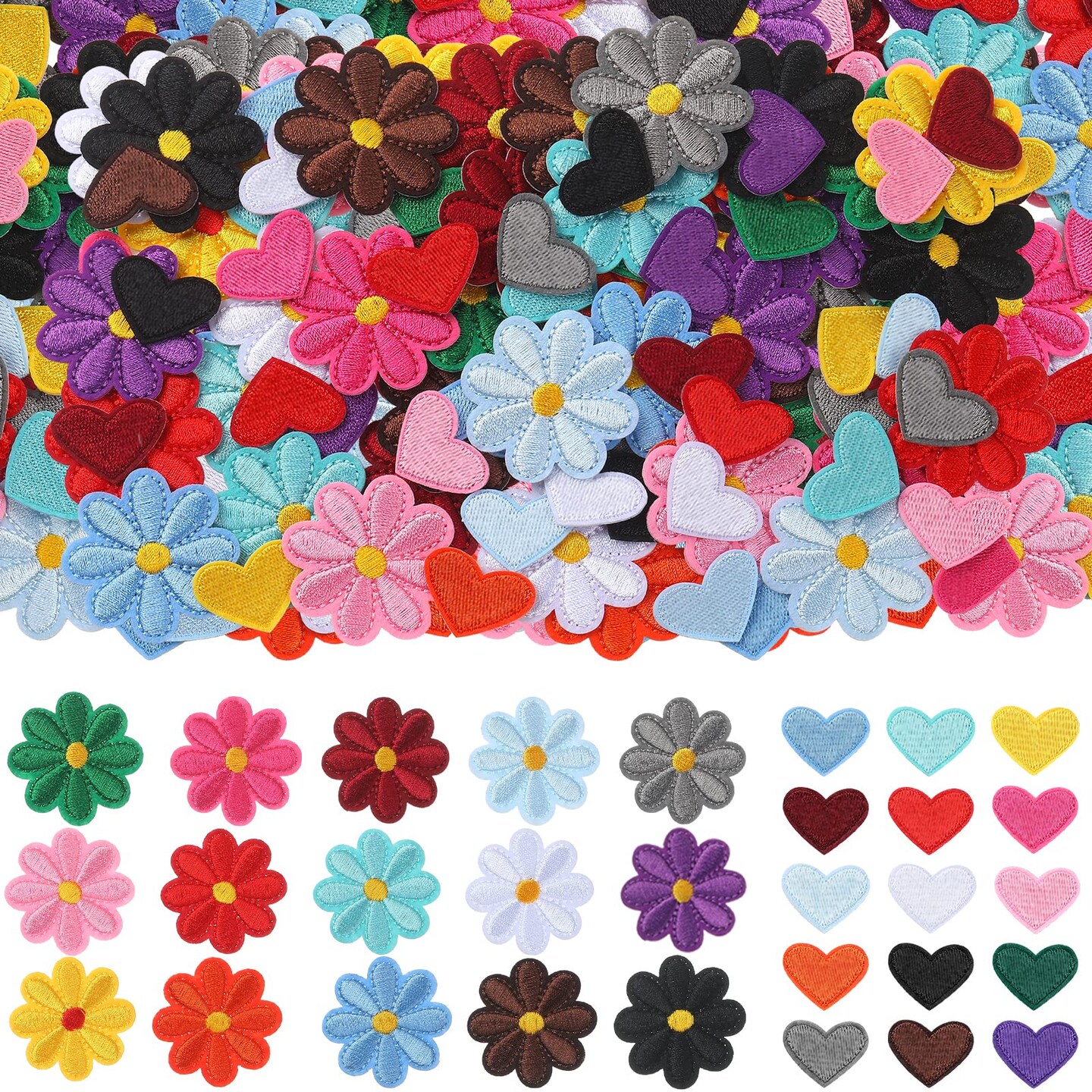120 Pieces Flower, Heart Patches Mini Embroidery Applique Patches Colorful Sew Iron on Patches for Clothing Repair Decorations DIY Craft (Flower, Heart)