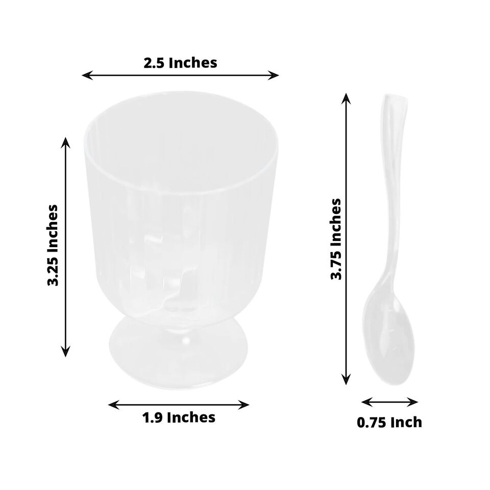 24 Clear 5 oz Disposable Ribbed Round Plastic Dessert CUPS Spoon