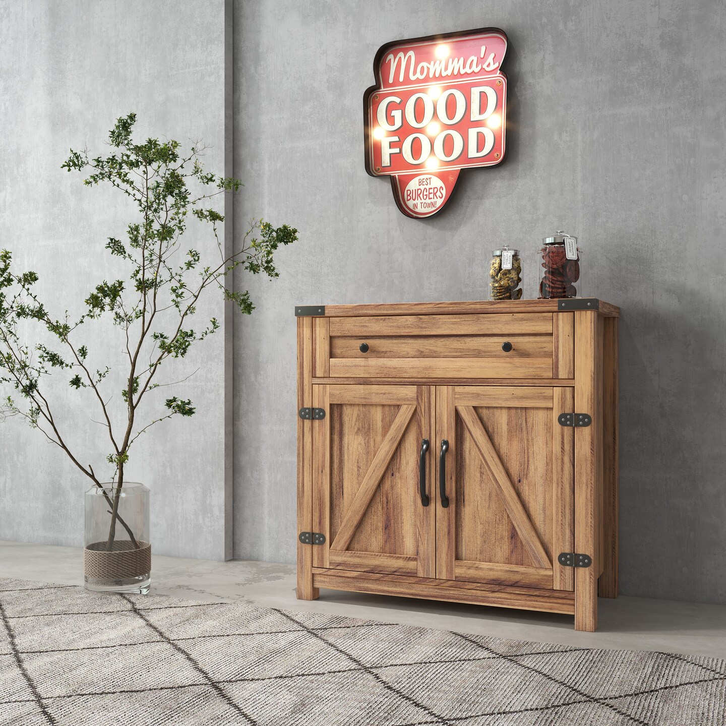 Double Barn Door Accent Cabinet in Yellow Walnut | Farmhouse Charm