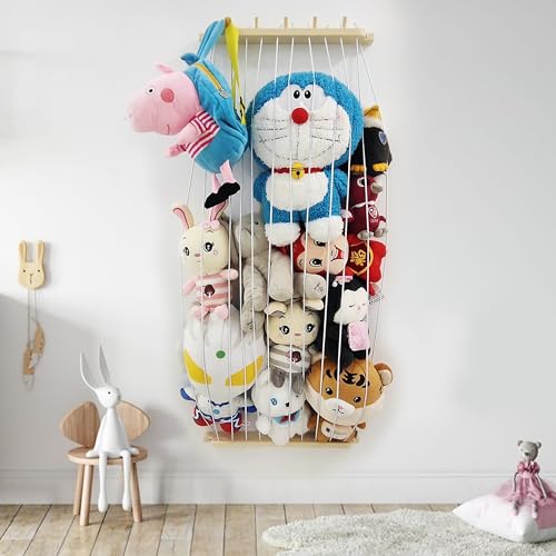 KSXLIUC Stuffed Animal Storage Wood Plush Toys Holder with Hooks, Length Adjustable Hanging Stuffed Animal Toy Organizer Shelf for Nursery Kid Room Play Room Bedroom