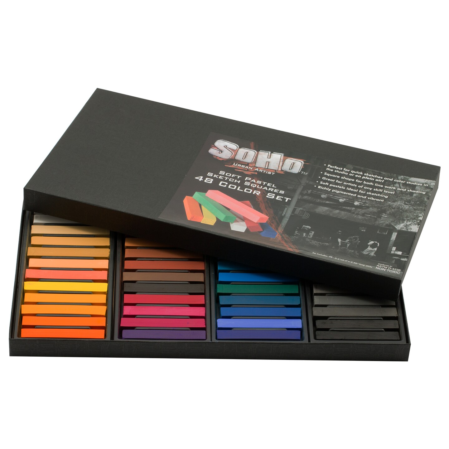 SoHo Urban Artist Slim Soft Pastel Sketch Squares - Richly Pigmented, Vibrant Color Soft Pastels for Artists Professional Pastel Artwork Studies and Sketching - Set of 72 Assorted Chalk Pastels