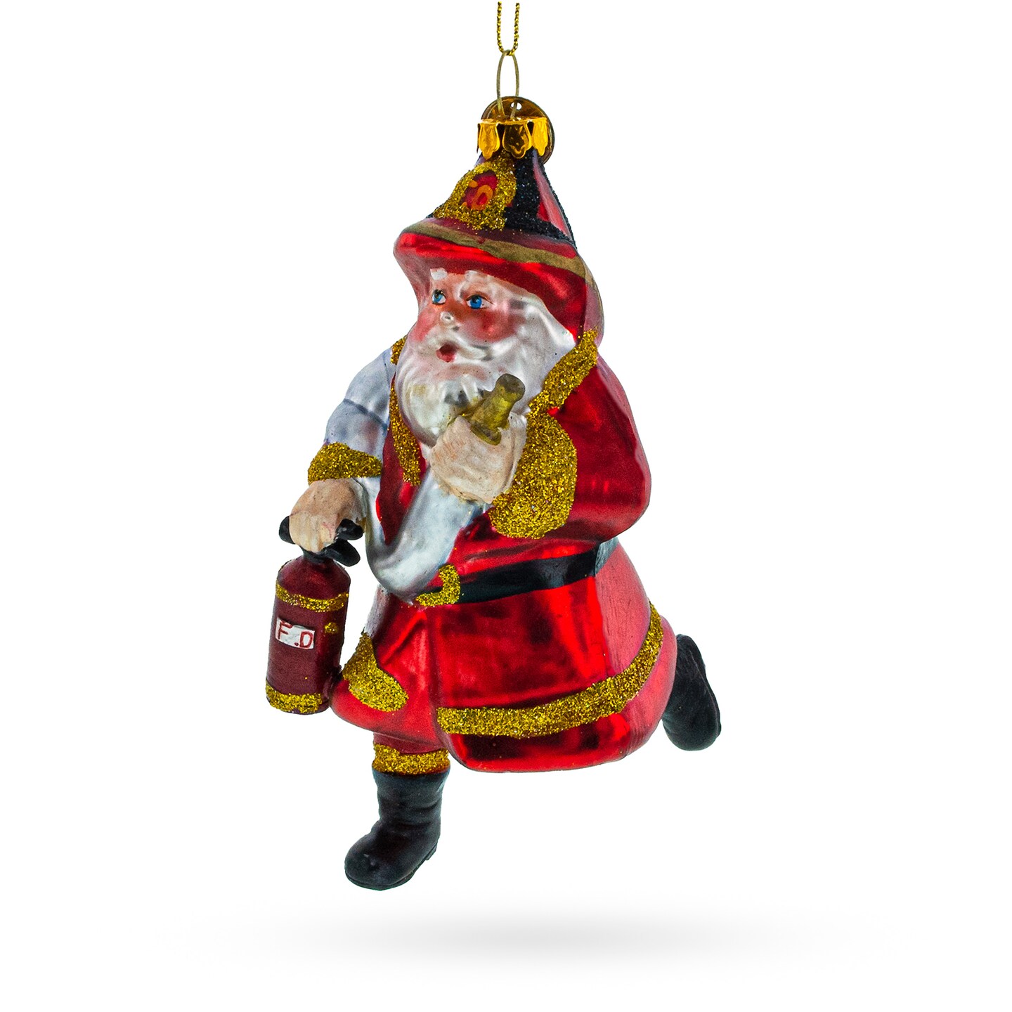 Dapper Fireman Santa with Extinguisher Blown Glass Christmas Ornament