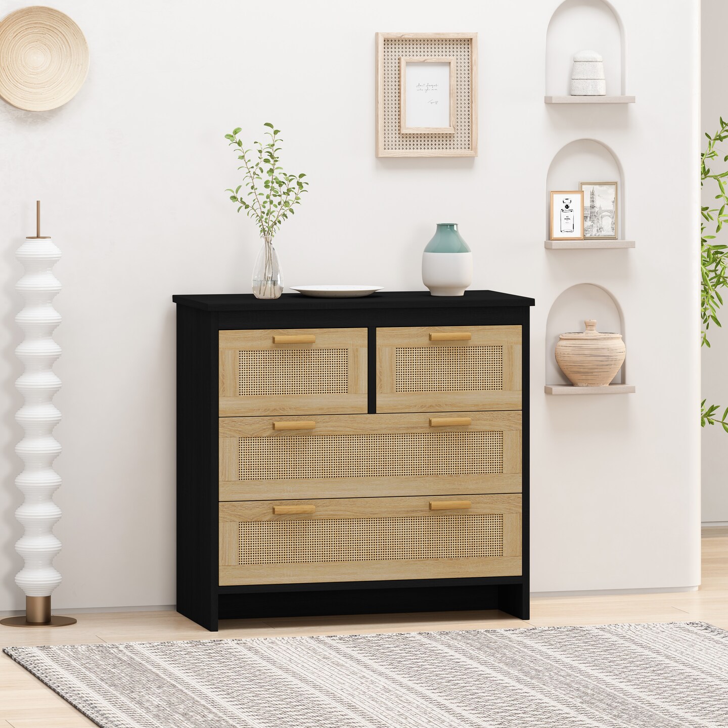 4-Drawer Rattan Wood Cabinet | Stylish Storage