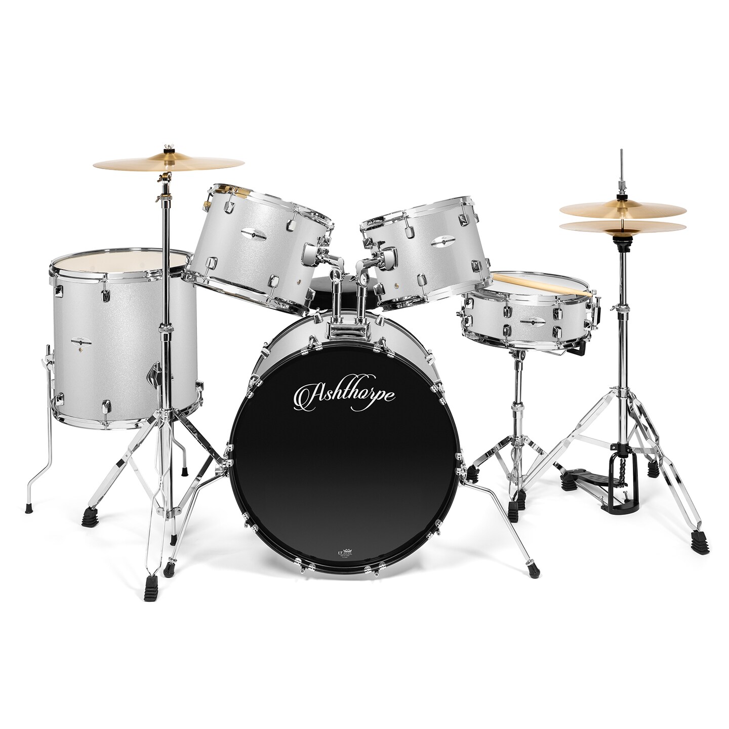 Ashthorpe 5-Piece Full Size Adult Drum Set with Remo Heads &#x26; Premium Brass Cymbals - Complete Professional Percussion Kit with Chrome Hardware