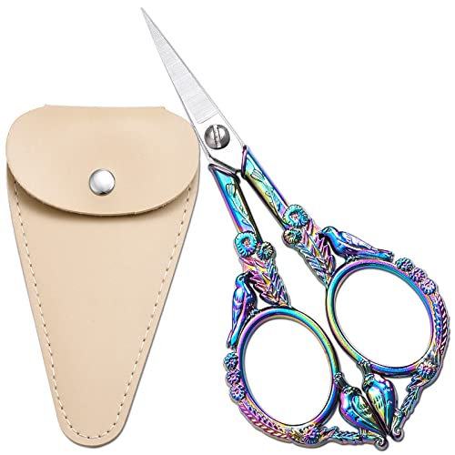 HITOPTY Sewing Embroidery Scissors, 4.6in Small Sharp Tip Craft Scissor, Rainbow Vintage Shears Detail Yarn Thread Snips for Cross Stitch Needlework DIY Art Handcraft Tool w/Apricot Case