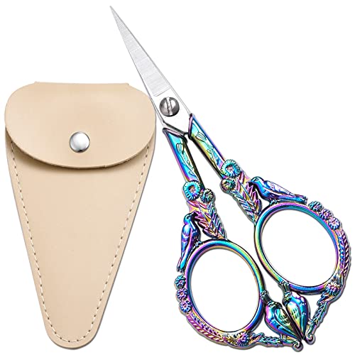 Sewing Embroidery Scissors, 4.6in Small Sharp Tip Craft Scissor, Rainbow Vintage Shears Detail Yarn Thread Snips for Cross Stitch Needlework DIY Art Handcraft Tool w/Apricot Case