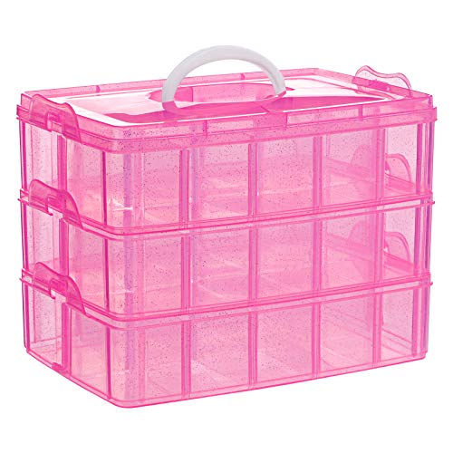 3-Tier Pink Craft Storage Container, Stackable Organizer Box with Dividers for Art Supplies, Beads, Washi Tapes, Seed, Hair Accessories, Nail, 9.5X6.5X7.2in