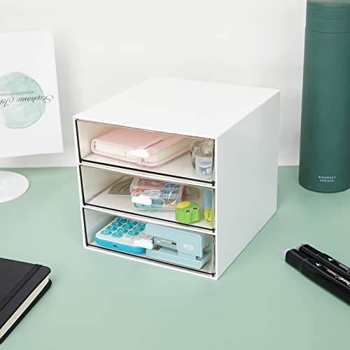 Desk Organizer with 3 Drawers, Clear Plastic Desk Storage Box, Desktop Organization for Office Supplies, Gel Pens, Pencils, Markers, Tape, Erasers, Paperclips, Chargers (White-3 Draws)