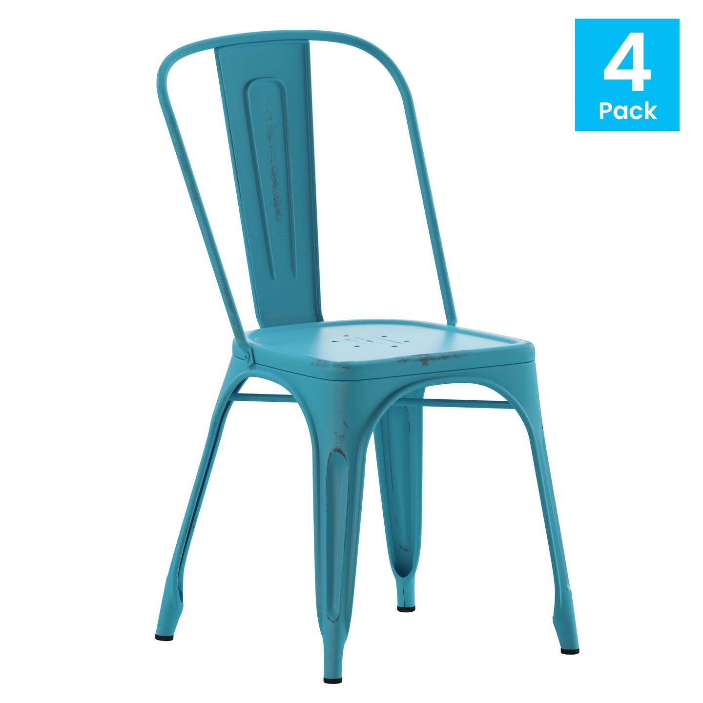 Emma and Oliver Commercial Grade 4 Pack Distressed Metal Indoor-Outdoor Stackable Chair